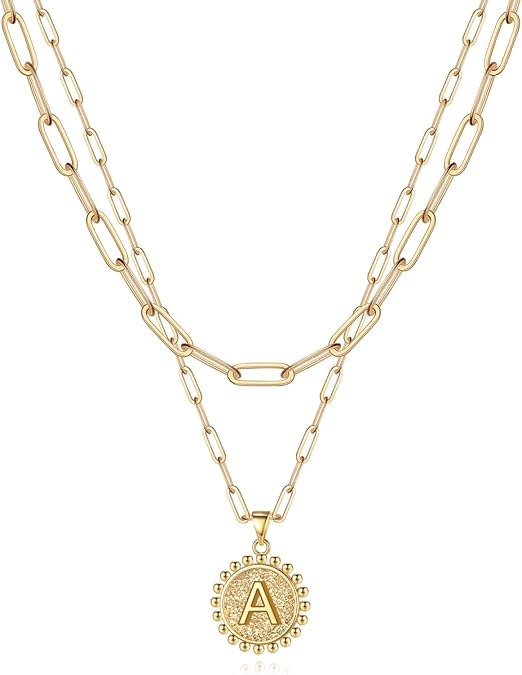 Yoosteel Gold Initial Necklaces for Women, 14K Gold Plated Dainty Layering Paperclip Link Chain Necklace Coin Initial Layered Necklaces for Women Personalized Birthday Gifts
