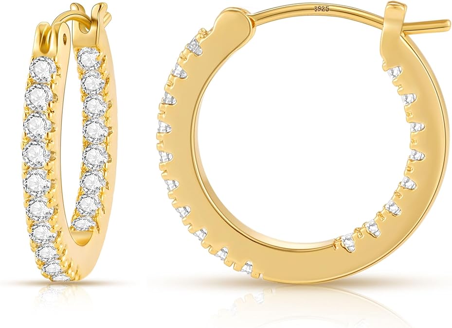 Gacimy Hoop Earrings for Women 14k Gold Plated, Cubic Zirconia Hoop Earrings with Sterling Silver Post